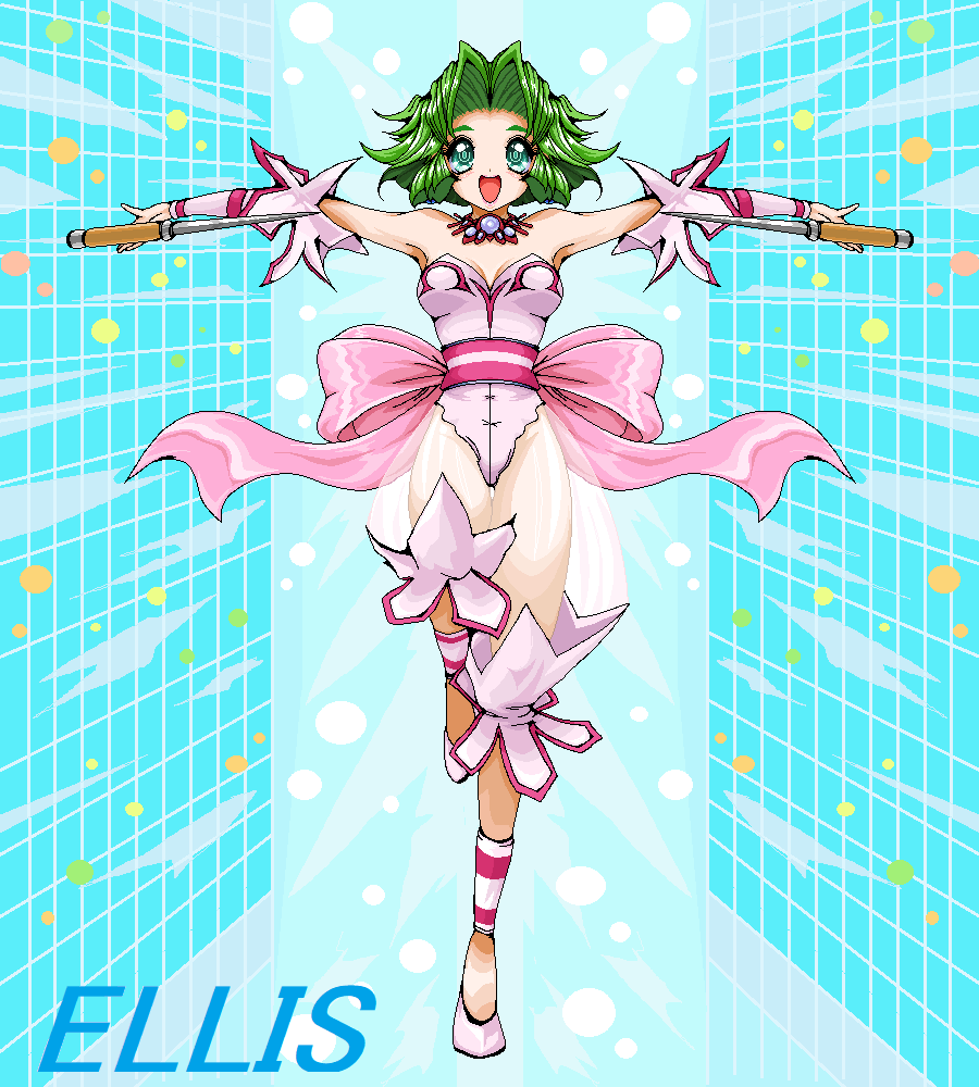 1990s_(style) 1girl :d ankle_cuffs armpits back_bow blue_background blunt_sidelocks bow breasts character_name dagger derivative_work dot_nose dual_wielding ellis_(toushinden) full_body green_eyes green_hair holding jewelry knife kotobuki_tsukasa_(style) leotard looking_at_viewer medium_breasts microsoft_paint_(medium) necklace open_mouth outstretched_arms parted_bangs pink_bow retro_artstyle rf_(aruehu) see-through_clothes shoes short_hair smile solo spread_arms standing standing_on_one_leg straight-on toushinden weapon white_ankle_cuffs white_leotard white_shoes white_wrist_cuffs wrist_cuffs