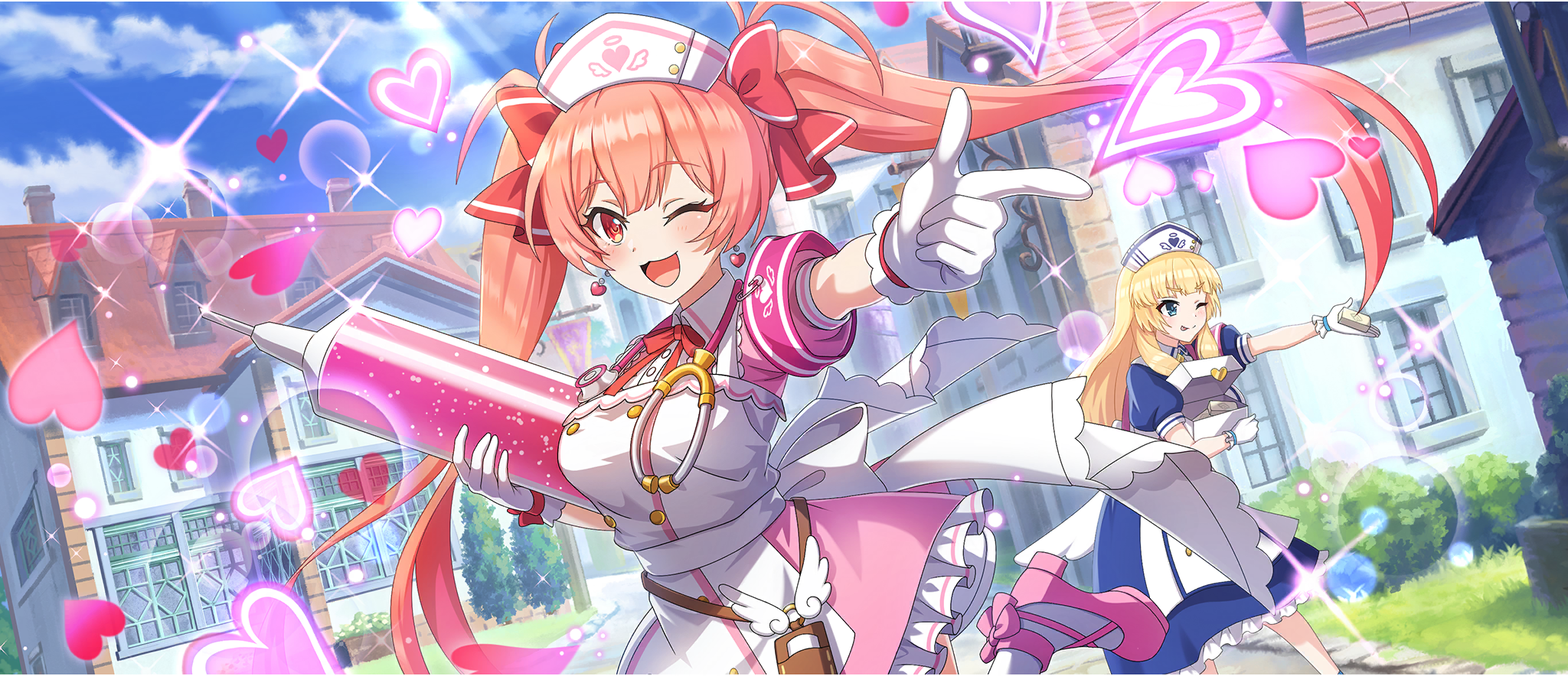 2girls ;3 ;p apron armband belt_pouch block_heels blonde_hair blue_dress blue_eyes blue_sky blunt_bangs bow breasts building cecily_(konosuba) cloud cloudy_sky collared_dress double-parted_bangs dress earrings erika_(konosuba) finger_gun first_aid_kit frilled_dress frills game_cg gloves hair_bow hat heart heart_earrings highres holding holding_syringe jewelry kono_subarashii_sekai_ni_shukufuku_wo! konosuba!_fantastic_days large_breasts large_syringe leg_up light_blush long_hair looking_at_viewer matching_outfits medium_dress multiple_girls neck_ribbon nurse nurse_cap official_alternate_costume official_art one_eye_closed open_mouth outdoors outstretched_arm oversized_object pink_armband pink_bow pink_dress pink_eyes pink_hair pink_ribbon pink_shoes pouch puffy_short_sleeves puffy_sleeves ribbon road shoes short_dress short_sleeves sidelocks sky smile soap standing standing_on_one_leg stethoscope stethoscope_around_neck street sunlight syringe tongue tongue_out too_many too_many_hearts twintails very_long_hair white_apron white_gloves white_hat