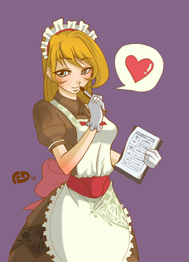 1girl apron blonde_hair blue_eyes breasts brown_dress character_request clipboard closed_mouth cokeboy commentary cowboy_shot dress english_commentary frilled_apron frills gloves heart holding holding_clipboard holding_pen kafra_uniform long_hair looking_at_viewer maid maid_headdress medium_breasts pen puffy_short_sleeves puffy_sleeves purple_background ragnarok_online red_sash sash short_sleeves smile solo spoken_heart white_apron white_gloves