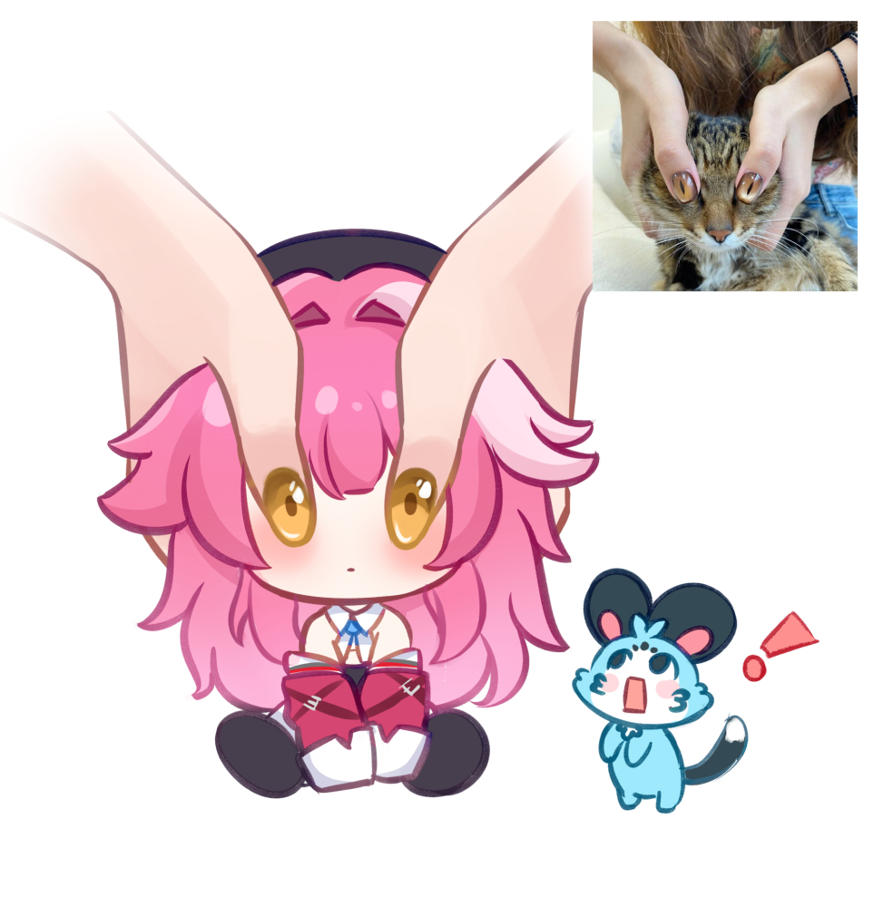 ! 2girls bare_shoulders beret bilingual_commentary black_hat black_shoes blush brown_cat brown_hair cat chattino_(raora_panthera) chibi closed_mouth coat collared_shirt commentary english_commentary expressionless fingernails hair_intakes hat hololive hololive_english long_hair mixed-language_commentary multicolored_hair multiple_girls nail_art nail_polish nikoo pink_coat pink_hair raora_panthera raora_panthera_(1st_costume) reference_inset shirt shoes simple_background sitting sleeves_past_fingers sleeves_past_wrists streaked_hair two-tone_hair very_long_sleeves virtual_youtuber white_background white_shirt yellow_eyes