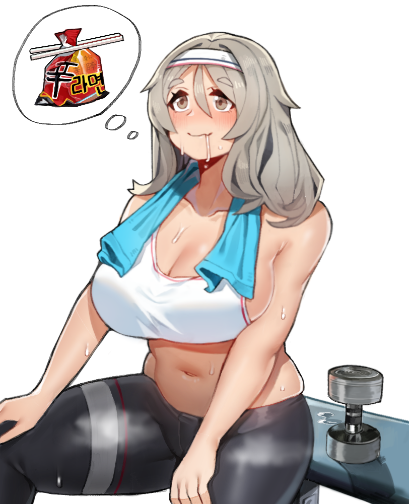 1girl bad_id bad_pixiv_id blush breasts brown_eyes chopsticks closed_mouth collarbone drooling dumbbell fang female_focus food girls&#039;_frontline grey_hair hair_between_eyes hairband k3_(girls&#039;_frontline) large_breasts medium_hair navel noodles pack_noodles ramen saru_(monkey_magic3) short_eyebrows simple_background sitting smile solo steam stomach sweat thinking tight_clothes white_background