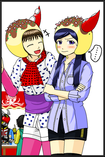 2boys 2girls ^_^ bad_id bad_pixiv_id black_hair blue_eyes blue_hair brown_hair closed_eyes crossed_arms embarrassed closed_eyes food hat kamen_rider kamen_rider_blade_(series) kamen_rider_chalice kamen_rider_ooo_(series) kamen_rider_w long_hair megurine_luka mezul multiple_boys multiple_girls narumi_akiko open_mouth pantyhose philip philip_(kamen_rider) redol scar short_hair short_shorts shorts smile takoluka takoyaki thighhighs