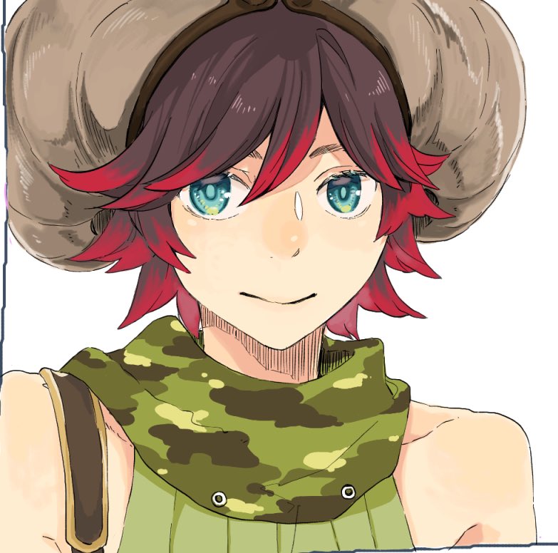 1boy black_hair blue_eyes brown_horns camouflage_scarf closed_mouth commentary_request green_scarf green_shirt horns looking_at_viewer male_focus multicolored_hair ragnarok_online ranger_(ragnarok_online) red_hair scarf shirt short_hair simple_background sleeveless sleeveless_shirt smile solo two-tone_hair upper_body white_background yutsuki