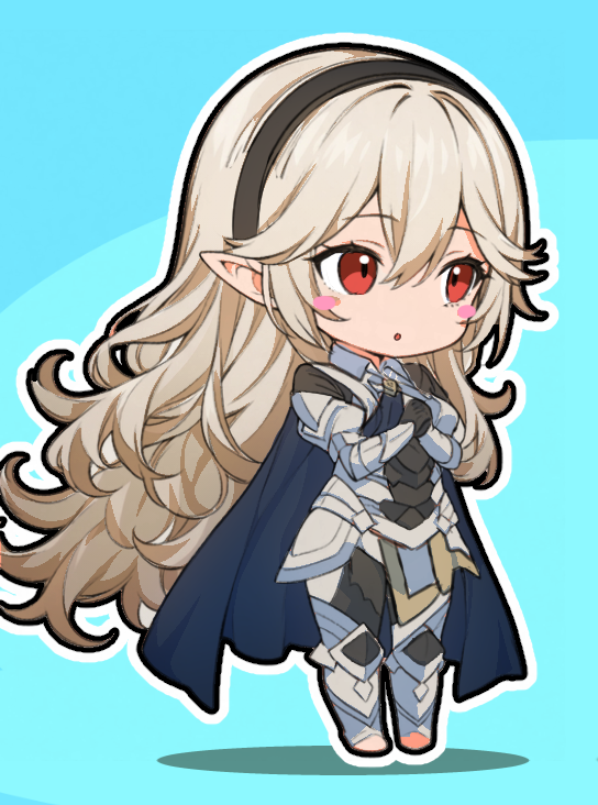 1girl armor black_hairband blue_background blue_cape blush cape chibi chibi_only commentary_request corrin_(female)_(fire_emblem) corrin_(fire_emblem) double-parted_bangs fire_emblem fire_emblem_fates full_body grey_hair hair_between_eyes hairband kakk_e long_hair nintendo pointy_ears red_eyes simple_background solo