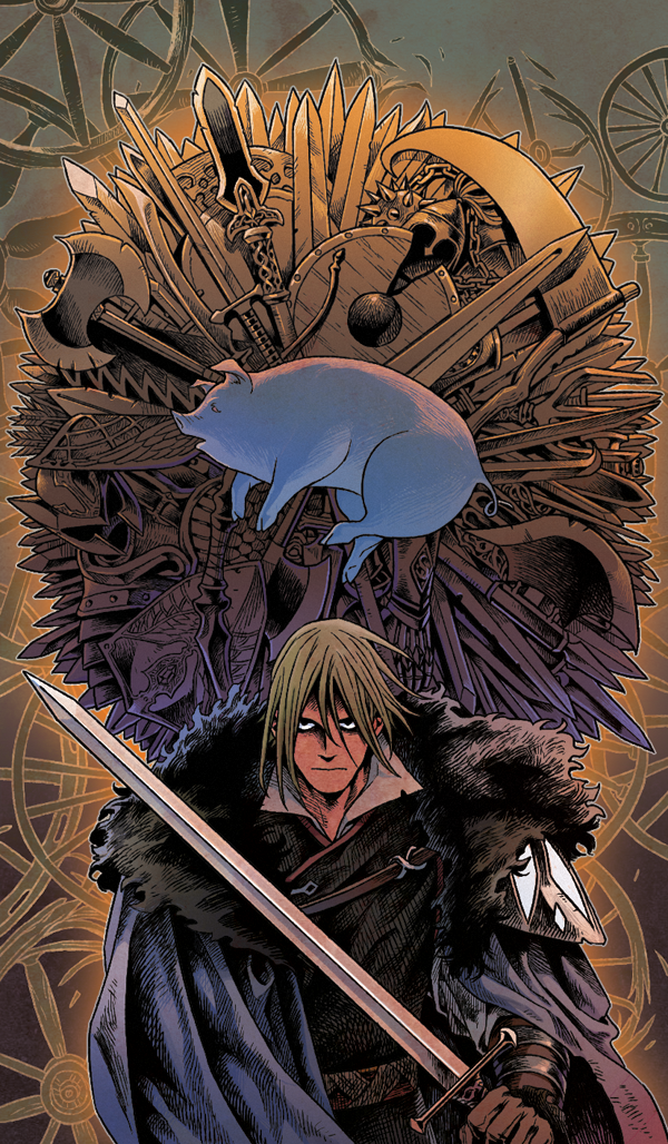 1boy 5altybitter5 axe banner battle_axe blonde_hair blue_cape cape closed_mouth double-sided_axe helmet looking_at_viewer original pig polearm sanpaku shield solo spear sword tarot weapon wheel_of_fortune_(tarot)