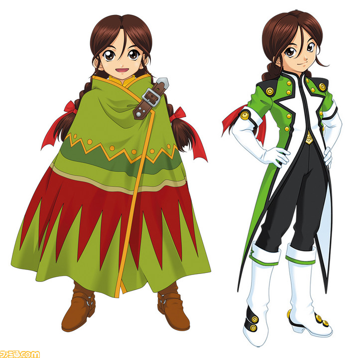 2girls artist_request belt belt_buckle black_pants boots braid brown_belt brown_eyes brown_footwear brown_hair buckle buttons child closed_mouth coattails dots double-breasted dual_persona elbow_gloves famitsu gloves gold_buttons green_poncho green_sleeves green_uniform hair_between_eyes hands_on_own_hips long_hair low-tied_long_hair low_ponytail multiple_girls o-ring_strap official_art open_mouth pants poncho ponytail red_ribbon ribbon rikaritta_aries sakura_taisen sakura_taisen_v second-party_source sega sidelocks silver_buckle simple_background smile standing striped_clothes striped_pants twin_braids vertical-striped_clothes vertical-striped_pants watermark white_background white_footwear white_gloves yellow_collar zig-zag_pattern