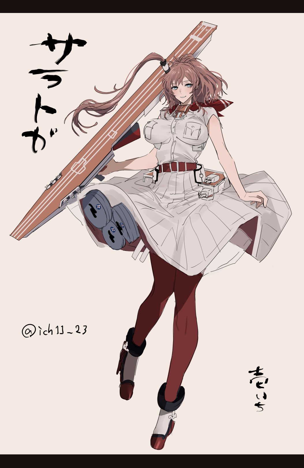 1girl anchor_choker belt blue_eyes breasts brown_hair dress full_body high_heels highres ichimonme_(ichi) kantai_collection kneehighs large_breasts looking_at_viewer open_mouth pleated_skirt pocket ponytail red_belt red_scarf red_socks saratoga_(kancolle) scarf side_ponytail simple_background skirt smile socks solo teeth white_background white_dress