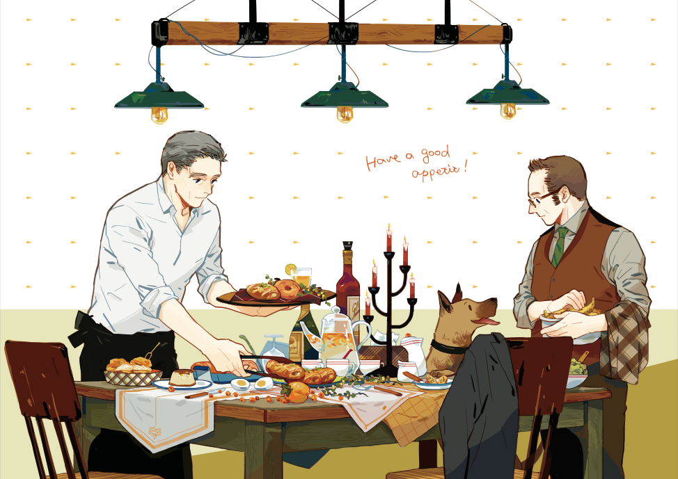 2boys alcohol apron bear_(person_of_interest) black_suit brown_hair candelabra candlestand chair chive couple cowboy_shot dog english_text food formal_clothes glasses grey_hair hair_slicked_back harold_finch_(person_of_interest) holding holding_plate husband_and_husband indoors john_reese_(person_of_interest) male_focus mature_male multiple_boys person_of_interest plate rectangular_eyewear short_hair sideburns simple_background suit table vest waist_apron waistcoat white_background wine yaoi