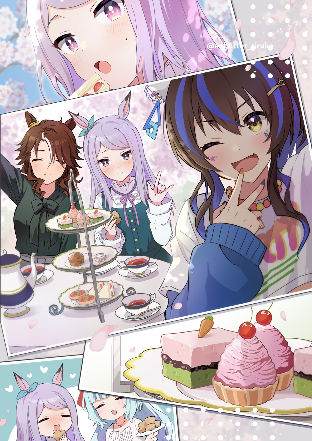 4girls anbutter_siruko animal_ears aqua_bow black_tea blue_hair blush bow brown_hair cake closed_eyes closed_mouth cup daitaku_helios_(umamusume) dress ear_bow eating fang food green_dress green_shirt hair_between_eyes hair_ornament hairclip highres holding holding_food horse_ears horse_girl light_purple_hair long_hair long_sleeves medium_hair mejiro_ardan_(umamusume) mejiro_mcqueen_(umamusume) mejiro_palmer_(umamusume) multiple_girls one_eye_closed open_mouth pinafore_dress purple_eyes shirt skin_fang sleeveless sleeveless_dress smile tea twitter_username umamusume white_shirt yellow_eyes