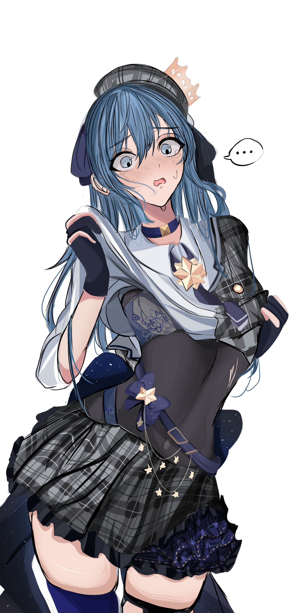 ... beret blue_choker blue_eyes blue_gloves blue_hair blue_thighhighs bra breasts choker clothes_lift embarrassed gloves grey_hat grey_skirt h0tarukaki hair_between_eyes hat highres hololive hoshimachi_suisei long_hair long_sleeves nervous_sweating partially_fingerless_gloves plaid_clothes plaid_hat plaid_skirt shirt_lift simple_background skindentation skirt small_breasts spoken_ellipsis sweat sweatdrop sweater tearing_up thigh_strap thighhighs underwear virtual_youtuber white_background white_bra