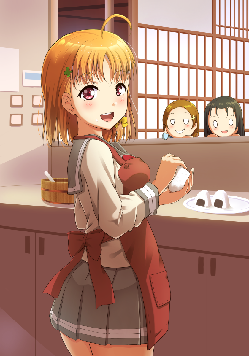 3girls :d ahoge apron blush bow bowtie braid chibi chibi_inset clover_hair_ornament cooking cowboy_shot food from_behind grey_skirt hair_ornament hairclip highres long_sleeves looking_at_viewer looking_back looking_to_the_side love_live! love_live!_sunshine!! miniskirt multiple_girls onigiri open_mouth orange_hair pleated_skirt qy73 raised_eyebrows red_apron red_eyes red_neckwear ribbon sailor_collar school_uniform serafuku short_hair siblings side_braid sisters skirt smile solo_focus takami_chika takami_mito takami_shima teeth upper_teeth_only uranohoshi_school_uniform winter_uniform yellow_ribbon