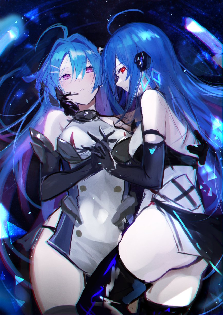 2girls ahoge armpit_crease ass azur_lane bare_shoulders black_footwear black_gloves black_panties black_thighhighs blue_hair boots breasts commentary dual_persona elbow_gloves gloves hand_on_another&#039;s_face helena_(azur_lane) helena_(meta)_(azur_lane) helena_(retrofit)_(azur_lane) highres holding_hands interlocked_fingers kai_(esugi) looking_at_another looking_at_viewer medium_breasts multicolored_hair multiple_girls panties purple_eyes purple_hair red_eyes tabard thigh_boots thighhighs thighs two-tone_hair underwear