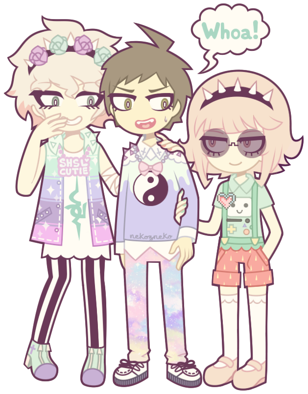 1girl 2girls adventure_time alternate_costume arm_around_shoulder artist_name bandaged_arm bandages bisexual bisexual_male black_headwear black_stripes bmo bow brown_eyes brown_hair chain chain_necklace closed_mouth collared_shirt collared_sweater collared_vest cross danganronpa_(series) danganronpa_2:_goodbye_despair denim_vest ears english_text eyebrows eyebrows_hidden_by_hair eyelashes fingernails flower flower_on_head flowers_in_hair full_body glasses gradient_hair green_eyes green_footwear green_shirt green_vest grin hair_between_eyes hairband hand_in_pocket hand_on_another&#039;s_arm hand_on_another&#039;s_shoulder hand_up head_wreath heart hinata_hajime inverted_cross jewelry komaeda_nagito long_hair long_sleeves looking_at_another looking_to_the_side matching_hair/eyes medium_hair messy_hair multicolored_hair multicolored_pants multicolored_shorts multicolored_vest multiple_girls nail_polish nanami_chiaki necklace nekozneko open_mouth overalls pants pendant pink_bow pink_eyes pink_hair pink_vest print_shirt purple_footwear purple_sweater purple_vest red_hair red_nails red_shorots round_eyewear shirt short_sleeves shorts signature smile speech_bubble spiked_hairband spiked_shoulder_pads spikes standing star_(symbol) star_print striped_clothes striped_pants sunglasses sweat sweatdrop sweater teeth thighhighs tongue upper_teeth_only vest white_footwear white_hair white_shirt white_stripes white_thighhighs yellow_footwear yin_yang