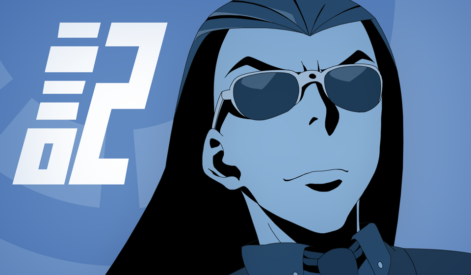 1boy akatsuki_blitzkampf black_hair blue_background blue_theme death_parade formal_clothes hair_pulled_back hair_slicked_back long_hair male_focus monochrome necktie parody sai_(akatsuki_blitzkampf) smile smug solo suit sunglasses tiwangzha very_long_hair
