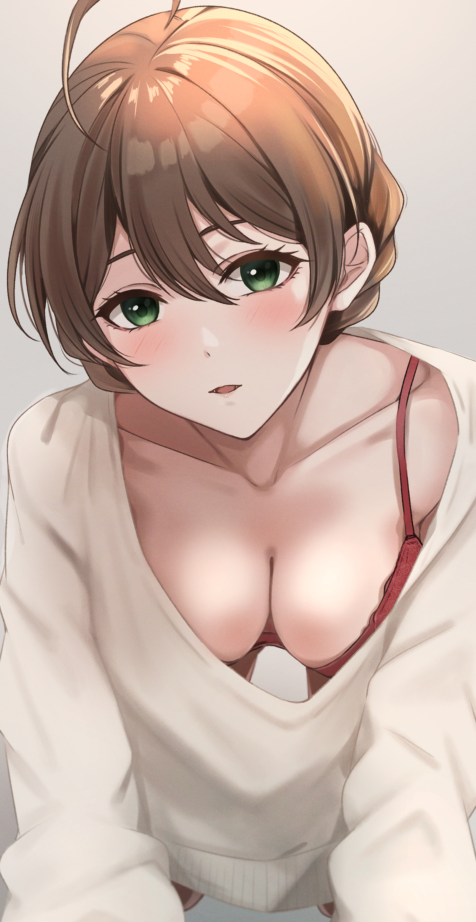 1girl :o absurdres ahoge blush bra breasts brown_hair cleavage collarbone commentary downblouse green_eyes hair_between_eyes head_tilt highres idolmaster idolmaster_million_live! leaning_forward looking_at_viewer loose_clothes medium_breasts panties red_bra red_panties sakuramori_kaori simple_background solo sweater underwear white_sweater yuzuyu_(hyui)