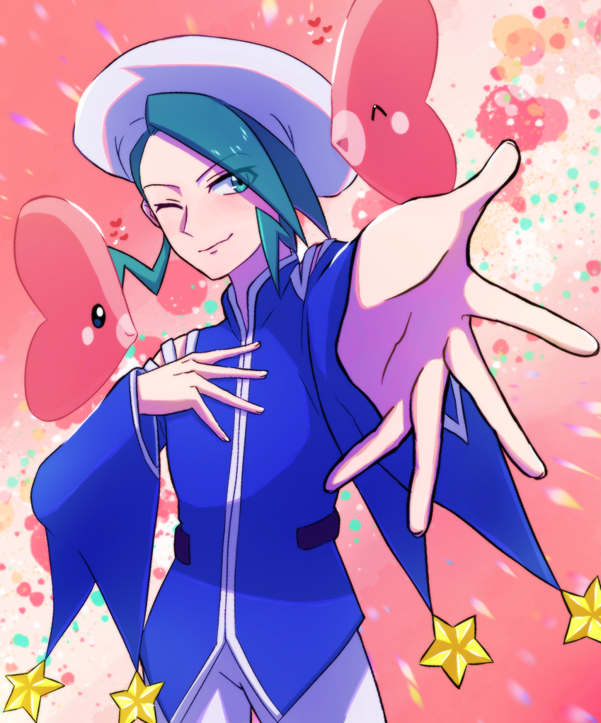 1boy ;) blue_jacket closed_mouth commentary_request gen_3_pokemon green_eyes green_hair grey_pants hand_on_own_chest haruki_sparsa hat jacket luvdisc male_focus nintendo one_eye_closed outstretched_arm outstretched_hand pants pink_background pokemon pokemon_(creature) pokemon_rse smile spread_fingers star_(symbol) wallace_(pokemon) white_hat
