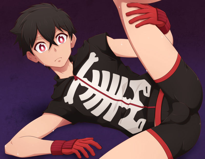 1boy ass ass_focus black_boxer_briefs black_hair black_male_underwear boxer_briefs kemono_jihen kusaka_kabane male_focus male_underwear pink_eyes solo underwear