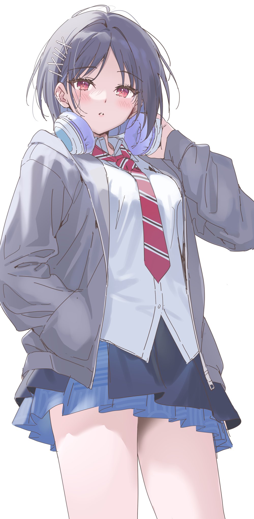 1girl black_hair blue_skirt blush diagonal-striped_clothes diagonal-striped_necktie dress_shirt from_below gakuen_idolmaster hair_ornament hand_in_pocket headphones headphones_around_neck highres hood hoodie idolmaster looking_at_viewer mashiro_yu medium_hair necktie parted_lips plaid_clothes plaid_skirt red_eyes school_uniform sekirara_ra shirt skirt solo striped_clothes thighs white_background white_shirt x_hair_ornament