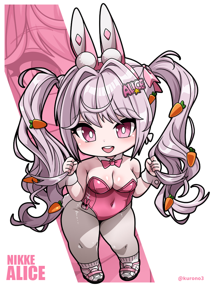 alice_(nikke) alice_(wonderland_bunny)_(nikke) animal_ear_hairband animal_ears bow bowtie breasts carrot_hair_ornament character_name chibi copyright_name covered_navel detached_collar fake_animal_ears food-themed_hair_ornament goddess_of_victory:_nikke grey_hair grey_pantyhose hair_ornament hairband kurono large_breasts leotard long_hair pantyhose pink_bow pink_bowtie pink_eyes pink_leotard playboy_bunny rabbit_ears rabbit_tail smile strapless strapless_leotard tail twintails w_arms white_wrist_cuffs wrist_cuffs