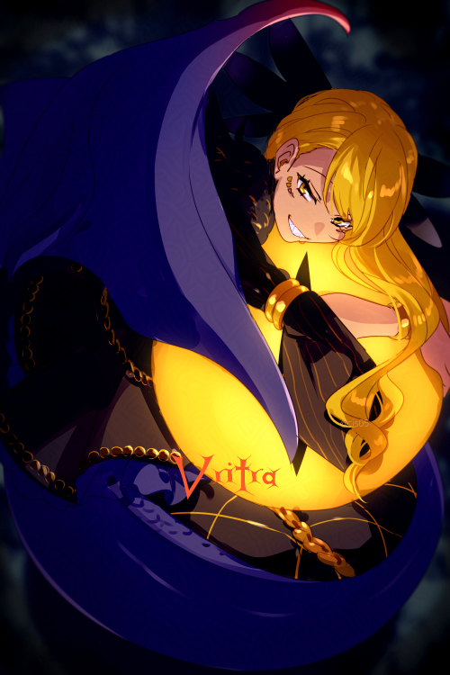 1girl armlet black_dress blonde_hair bracelet dark-skinned_female dark_skin dragon_girl dragon_horns dragon_tail dress echo_(circa) facial_mark fate/grand_order fate_(series) grin horns jewelry long_hair long_sleeves looking_at_viewer smile solo swept_bangs tail vritra_(fate) vritra_(second_ascension)_(fate) wide_sleeves yellow_eyes