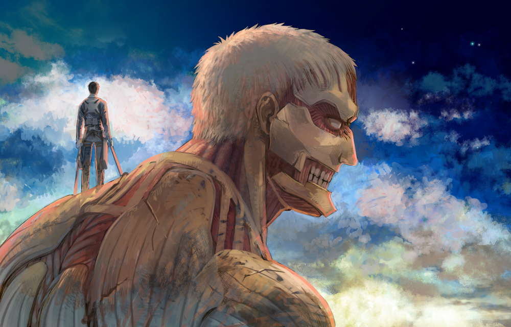 2boys armored_titan bertolt_hoover blue_sky cloud cloudy_sky facing_away full_body giant giant_male male_focus multiple_boys prema-ja shingeki_no_kyojin short_hair sky sky_focus spoilers three-dimensional_maneuver_gear titan_(shingeki_no_kyojin) upper_body