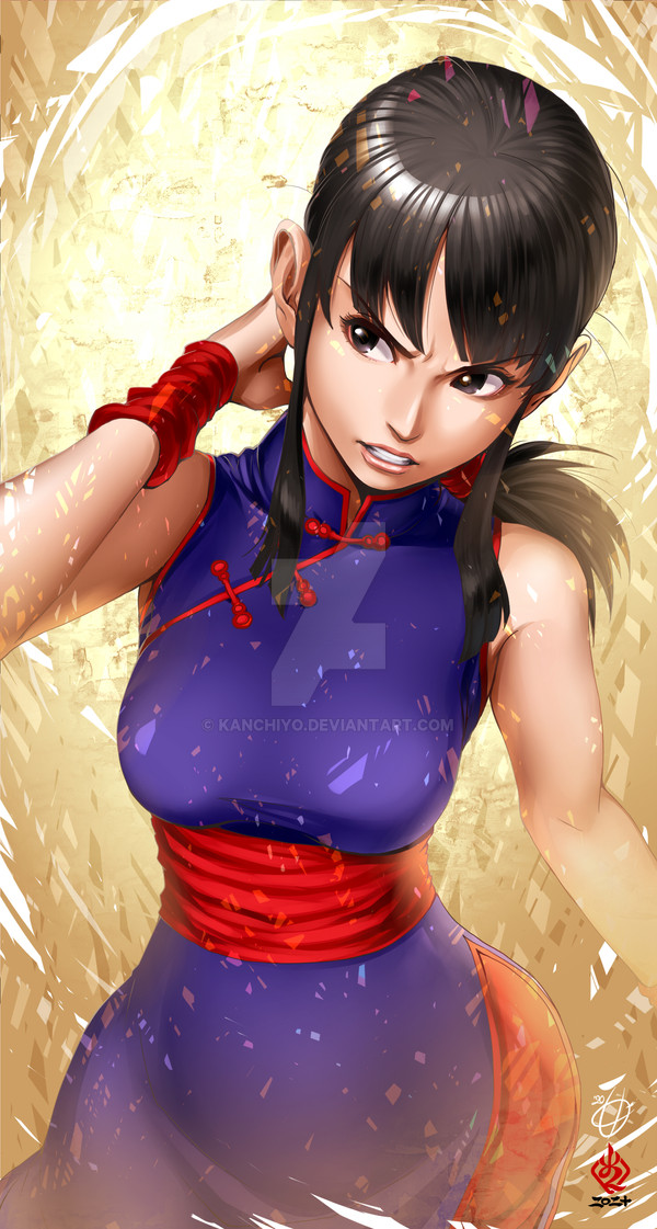 1girl arm_behind_head armband black_eyes black_hair blunt_bangs blunt_sidelocks breasts chi-chi_(dragon_ball) chinese_clothes clenched_teeth commentary cowboy_shot dragon_ball dragon_ball_(classic) english_commentary kanchiyo long_hair looking_to_the_side low-tied_long_hair medium_breasts open_mouth pants red_armband red_pants signature solo teeth watermark web_address yellow_background