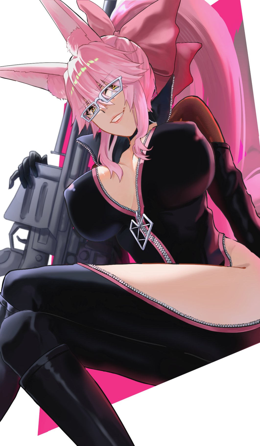 1girl animal_ears black_bodysuit black_boots bodysuit boots breasts cleavage covered_erect_nipples fate/grand_order fate_(series) fox_ears fox_tail glasses gun hair_ribbon highres koyanskaya_(assassin)_(first_ascension)_(fate) koyanskaya_(fate) large_breasts lips long_hair partially_unzipped pink_hair ribbon shiny_skin sitting smile solo tail tamamo_(fate) teeth thighs uzu_asc weapon yellow_eyes