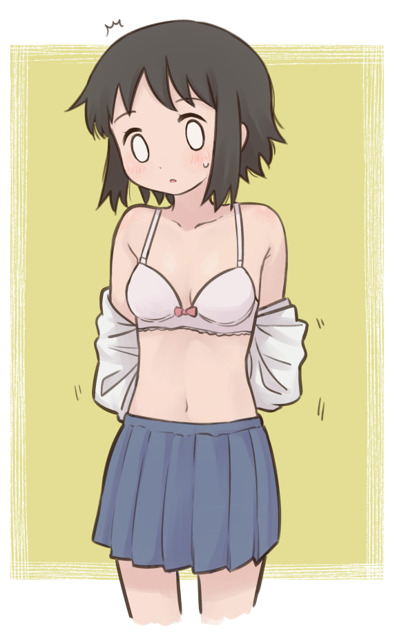 0_0 1girl ^^^ bernard-jou_iwaku. black_hair blue_skirt border bra breasts cropped_legs machida_sawako meis_(terameisu) miniskirt navel no_shirt open_mouth outside_border pleated_skirt shirt shirt_partially_removed short_hair simple_background skirt small_breasts small_sweatdrop solo standing stomach underwear undressing white_border white_bra white_eyes white_shirt yellow_background