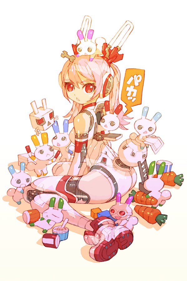 1girl animal_ears bare_shoulders bunny_day commentary_request fake_animal_ears leotard nakayama_tooru original pink_hair rabbit rabbit_ears rabbit_tail red_eyes robot_girl solo_focus speech_bubble tail translation_request twintails white_leotard