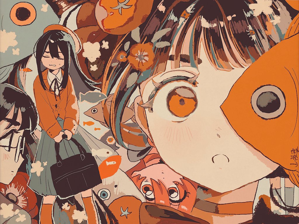 bag fish flower from_side goldfish long_hair open_mouth orange_eyes orange_flower orange_shirt round_eyewear school_uniform shirt squinting wasabi_natsume