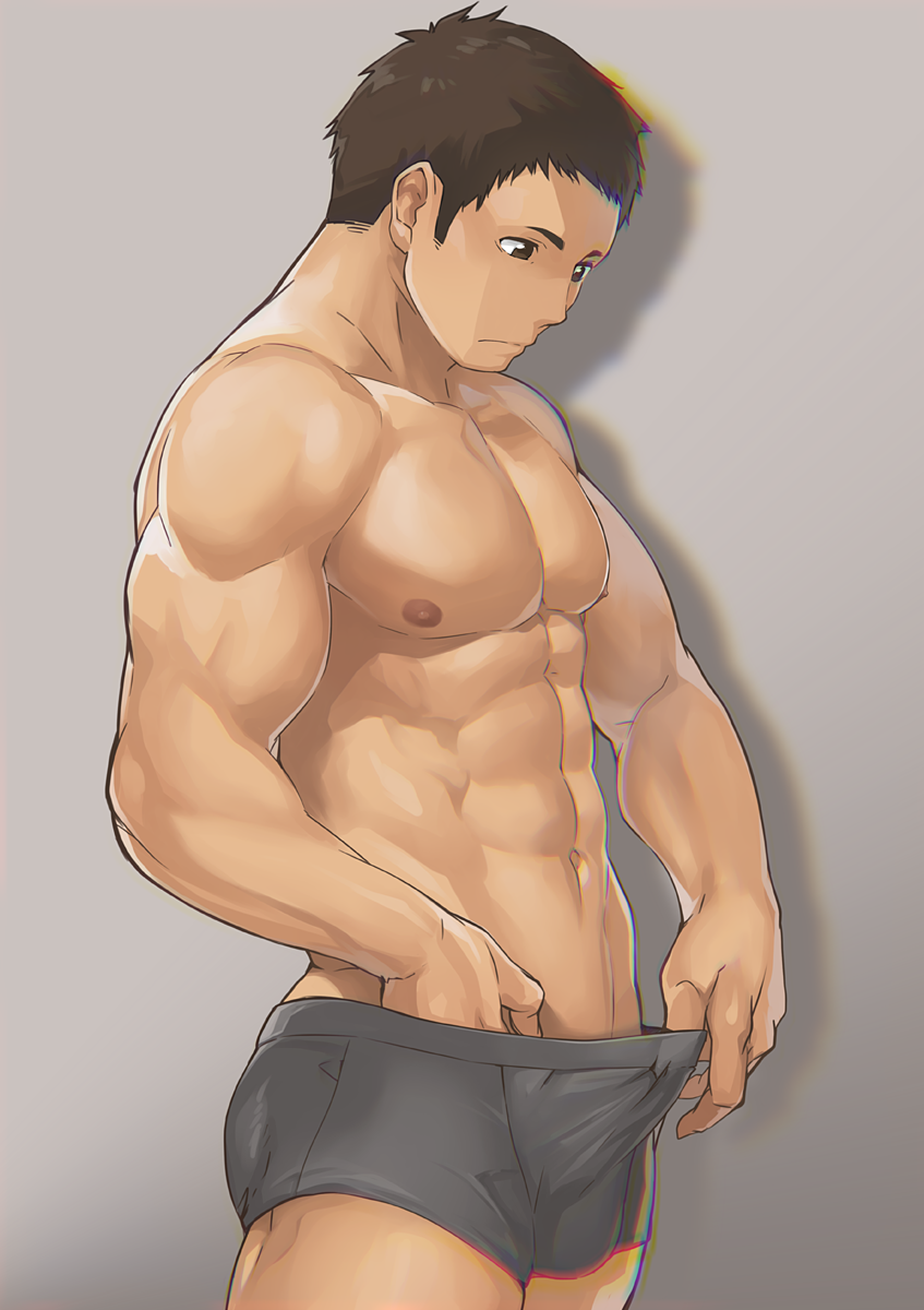 1boy 8_(yamalu) abs black_hair boxer_briefs bulge closed_mouth gradient_background grey_male_underwear haikyuu!! hand_under_clothes highres male_focus male_underwear navel nipples sawamura_daichi short_hair sideburns simple_background solo underwear