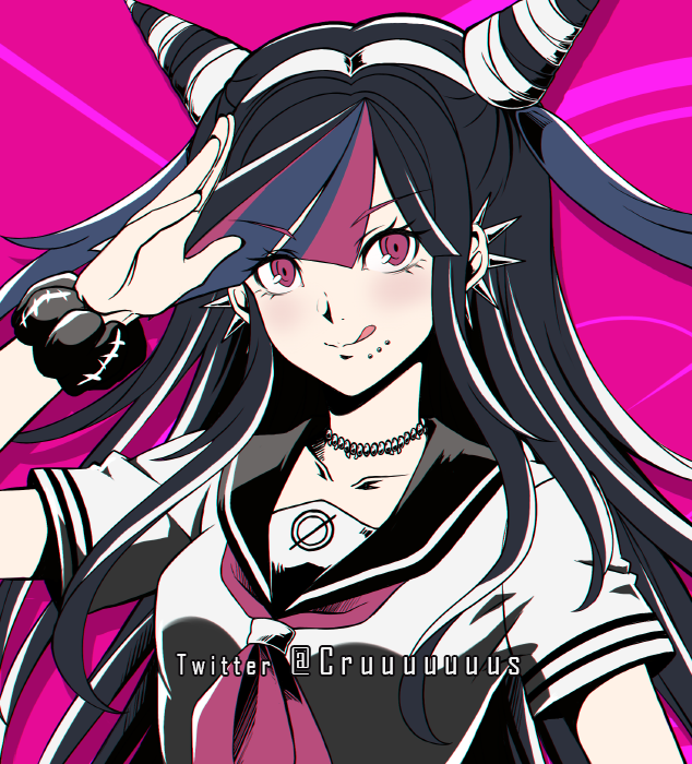 1girl artist_name black_hair breasts collarbone commentary criis-chan danganronpa_(series) danganronpa_2:_goodbye_despair ear_piercing hair_horns hand_up jewelry lip_piercing long_hair looking_at_viewer mioda_ibuki multicolored_hair parody piercing pink_background pink_eyes pink_hair sailor_collar school_uniform scrunchie shirt short_sleeves smile soejima_shigenori_(style) solo stitches style_parody tongue tongue_out upper_body white_hair white_shirt wrist_scrunchie