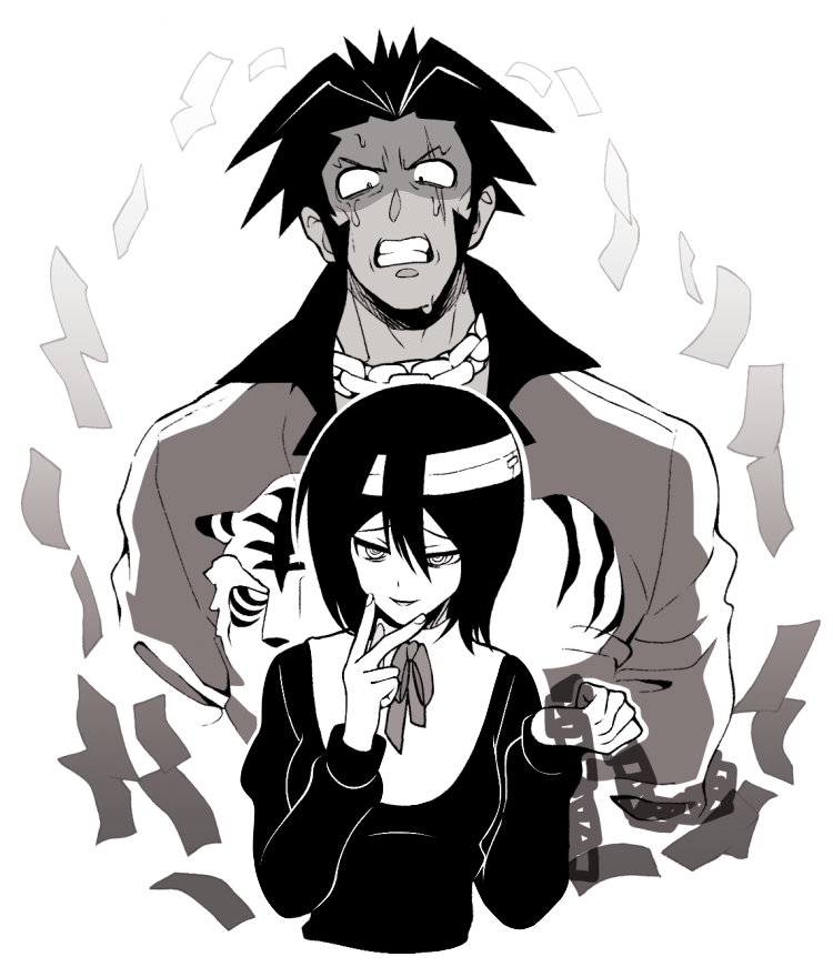 1boy 1girl ace_attorney bandages chain collared_shirt dress furio_tigre greyscale holding holding_chain jacket long_sleeves looking_at_another looking_at_viewer looking_down minashirazu monochrome muscular muscular_male open_mouth phoenix_wright:_ace_attorney_-_trials_and_tribulations ribbon shirt short_hair smile spiked_hair upper_body v v_over_mouth viola_cadaverini white_background