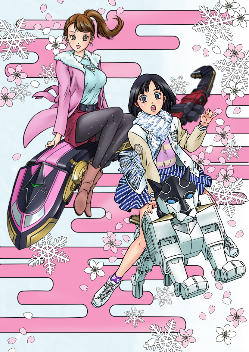 2girls black_hair brown_hair igasaki_fuuka iwa momochi_kasumi multiple_girls shuriken_sentai_ninninger super_sentai white_wolf_ninja_steel_zord zoom_zord zords