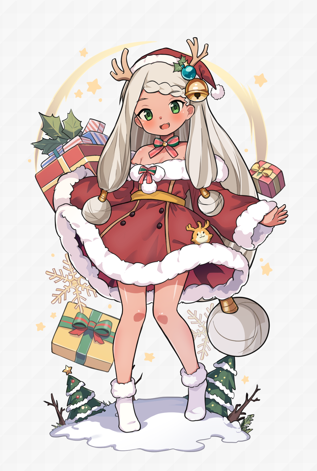 1girl bare_shoulders bell blush bow dress fang full_body gift green_eyes hat highres jingle_bell long_hair low-tied_long_hair mwm5 pine_tree samasa_(world_flipper) santa_costume santa_dress santa_hat solo star_(symbol) striped_bow tree very_long_hair world_flipper