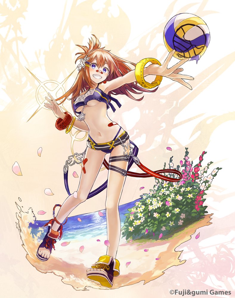 1girl ball bandaid bandaid_on_face bandaid_on_nose beach bikini blue_bikini blue_eyes blue_footwear breasts brown_hair company_name full_body gridarvol long_hair looking_at_viewer medium_breasts navel no_socks official_alternate_costume official_art outdoors outstretched_arm phantom_of_the_kill pink_petals second-party_source simple_background smile solo swimsuit teeth toeless_footwear underboob volleyball_(object) watarubou weapon_background