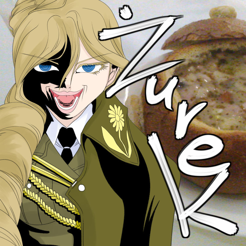 1girl black_necktie blonde_hair blue_eyes bonple_(emblem) bonple_military_uniform bread breasts brown_cape brown_jacket cape collared_shirt commentary_request food girls_und_panzer girls_und_panzer_ribbon_no_musha hair_bun jacket jajka_(girls_und_panzer) long_hair long_sleeves necktie real_life shaded_face shirt soup t_jiroo_(ringofriend) white_shirt zurek