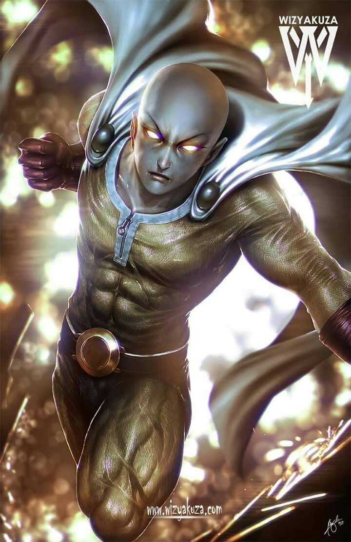 1boy abs artist_logo artist_name bald belt bodysuit cape clenched_hand closed_mouth empty_eyes floating_cape gloves logo long_sleeves male_focus one-punch_man realistic red_gloves red_gloves saitama_(one-punch_man) signature solo superhero_costume third-party_source watermark web_address white_cape wizyakuza yellow_bodysuit zipper zipper_pull_tab