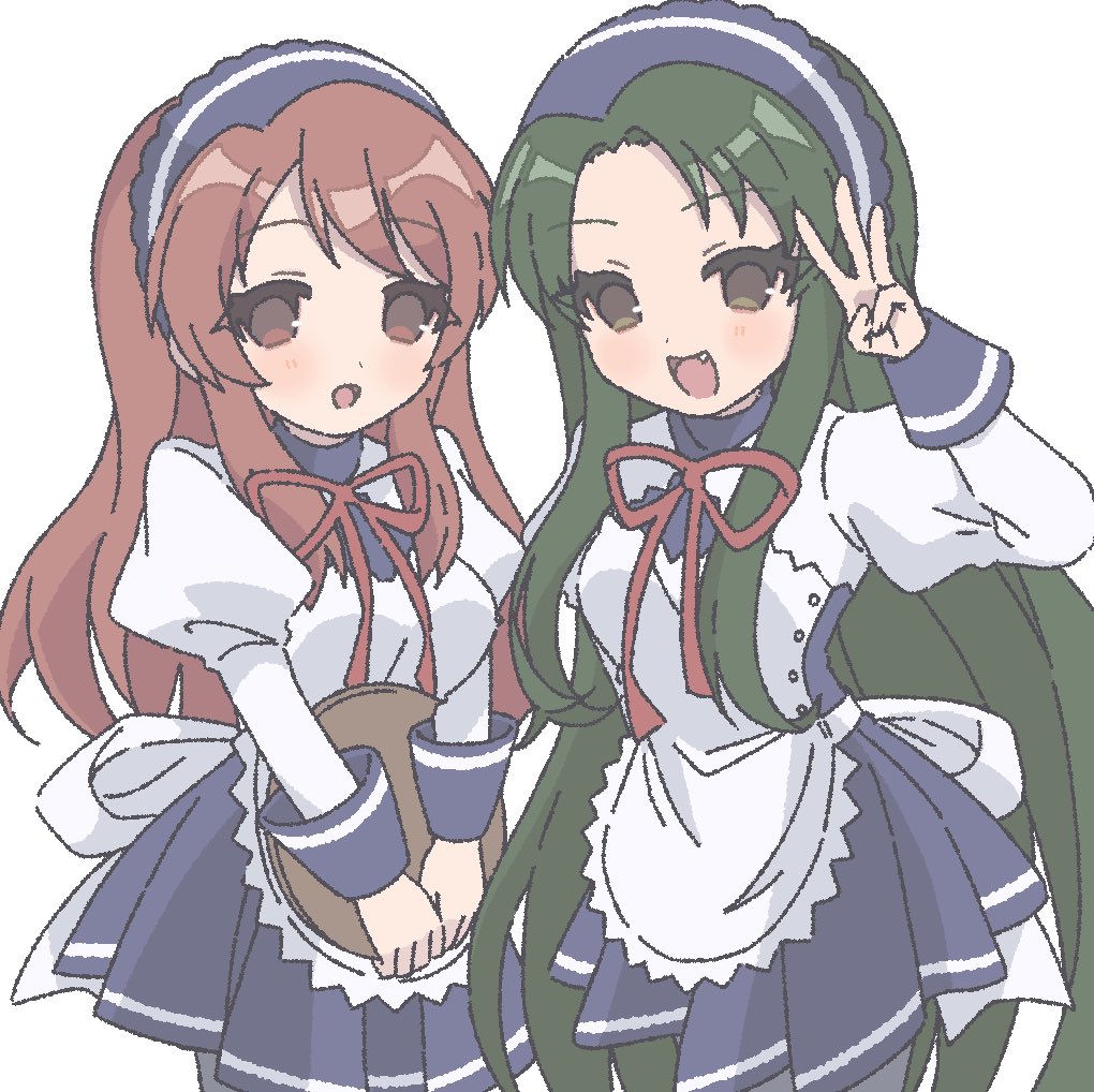 2girls :d apron asahina_mikuru blue_dress blue_headdress brown_eyes brown_hair dress fang forehead green_eyes holding holding_tray long_hair long_sleeves looking_at_viewer maid maid_apron maid_headdress multiple_girls nanonome neck_ribbon official_alternate_costume open_mouth puffy_long_sleeves puffy_sleeves red_ribbon ribbon simple_background smile standing suzumiya_haruhi_no_yuuutsu tongue tray tsuruya v white_background