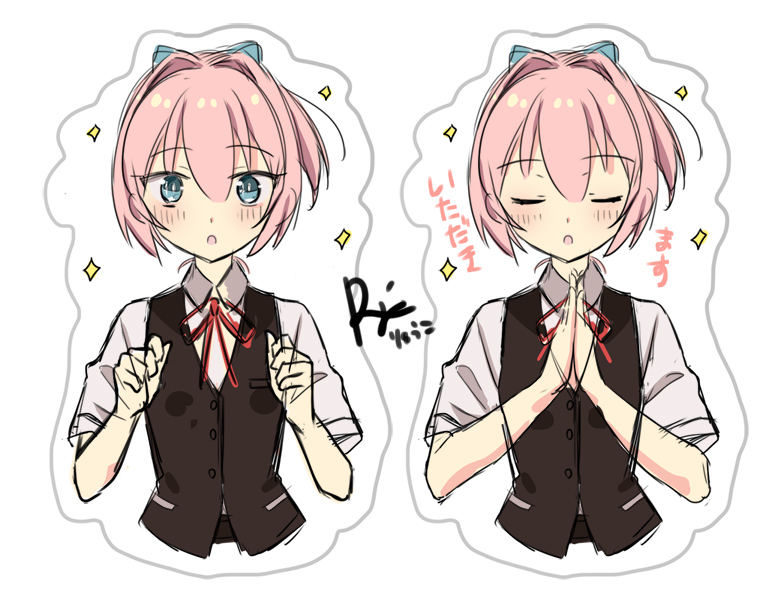 1girl black_vest blue_eyes collared_shirt commentary_request dress_shirt facing_viewer hair_intakes kantai_collection looking_at_viewer multiple_views neck_ribbon pink_eyes ponytail r-king red_ribbon ribbon shiranui_(kancolle) shirt short_hair sparkle translation_request upper_body vest white_shirt