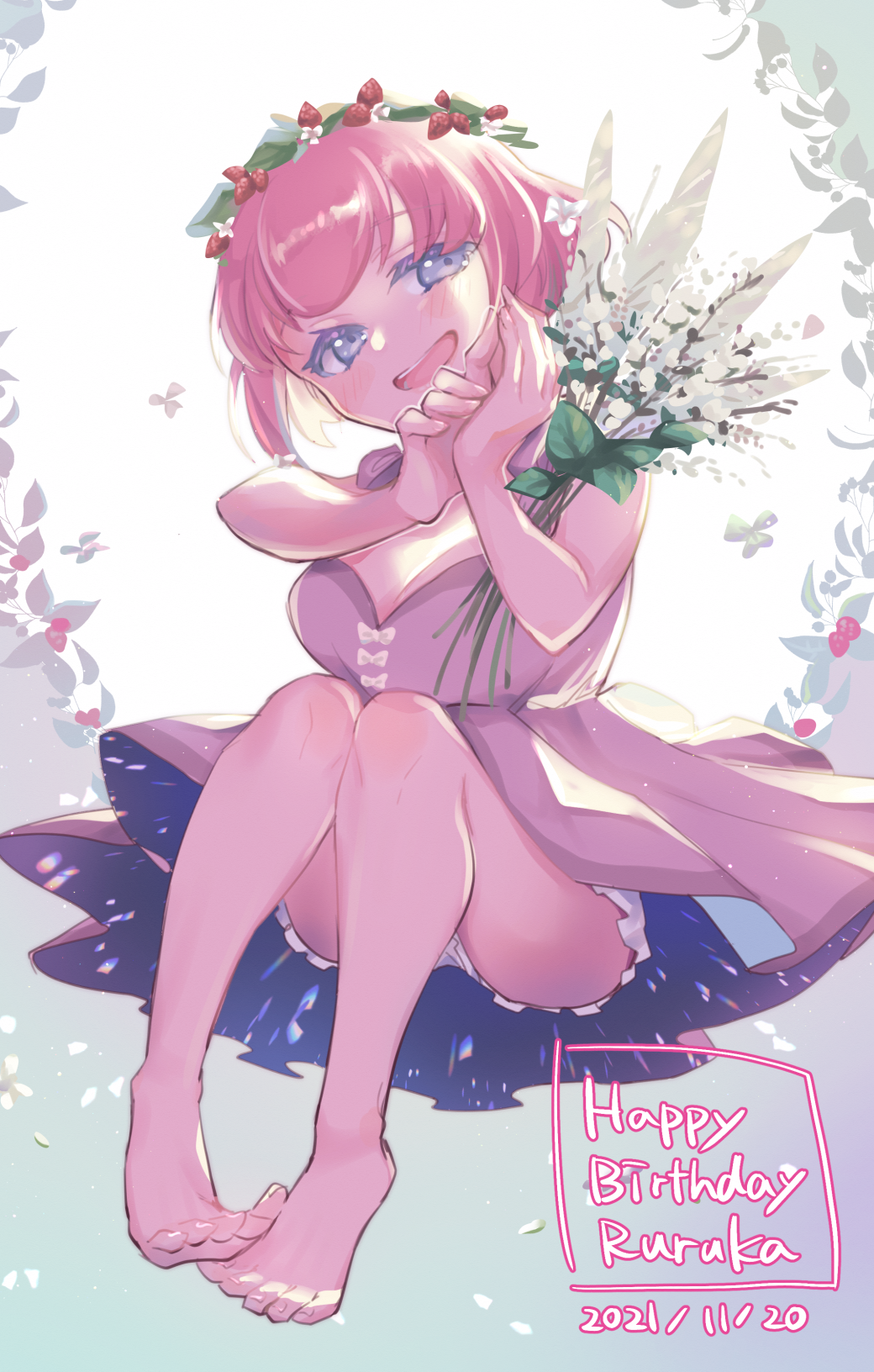 1girl :d ando_ruruka bare_shoulders barefoot blush breasts danganronpa_(series) danganronpa_3_(anime) dated dress flower green_eyes happy_birthday highres invisible_chair kuzuhana large_breasts open_mouth pink_dress pink_hair short_hair shorts sitting sleeveless sleeveless_dress smile solo white_flower white_shorts