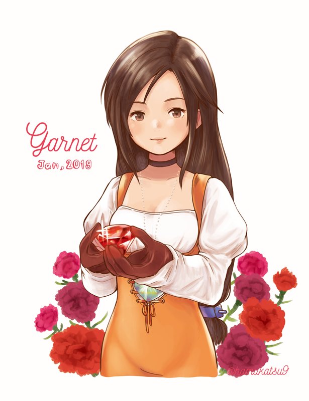 1girl bodysuit breasts brown_eyes brown_hair choker closed_mouth female_focus final_fantasy final_fantasy_ix flower garnet_til_alexandros_xvii gloves jewelry long_hair looking_at_viewer low-tied_long_hair ma-hain-scarlet necklace orange_bodysuit simple_background smile solo white_background