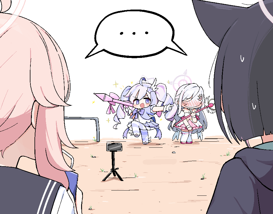 ... 4girls ahoge animal_ears black_hair blue_archive blush cat_ears dress halo holding holding_rocket_launcher holding_wand holding_weapon kazusa_(blue_archive) long_hair multiple_girls natsu_(blue_archive) open_mouth pink_hair pink_halo purple_eyes purple_hair reisa_(blue_archive) reisa_(magical)_(blue_archive) rocket_launcher short_hair short_sleeves smile spoken_ellipsis standing standing_on_one_leg striped_clothes striped_thighhighs suzumi_(blue_archive) suzumi_(magical)_(blue_archive) tagyeokgam thighhighs wand weapon white_hair