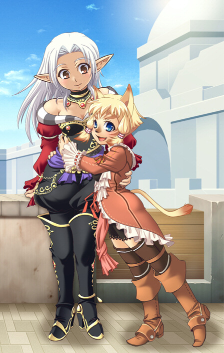 00s 2girls animal_ears black_boots blonde_hair blue_eyes boots brown_eyes cat_girl corsair corsair_(final_fantasy) elf elvaan final_fantasy final_fantasy_xi katy_(artist) long_hair mithra_(ff11) multiple_girls off_shoulder orange_boots pointy_ears puppetmaster tail twintails white_hair