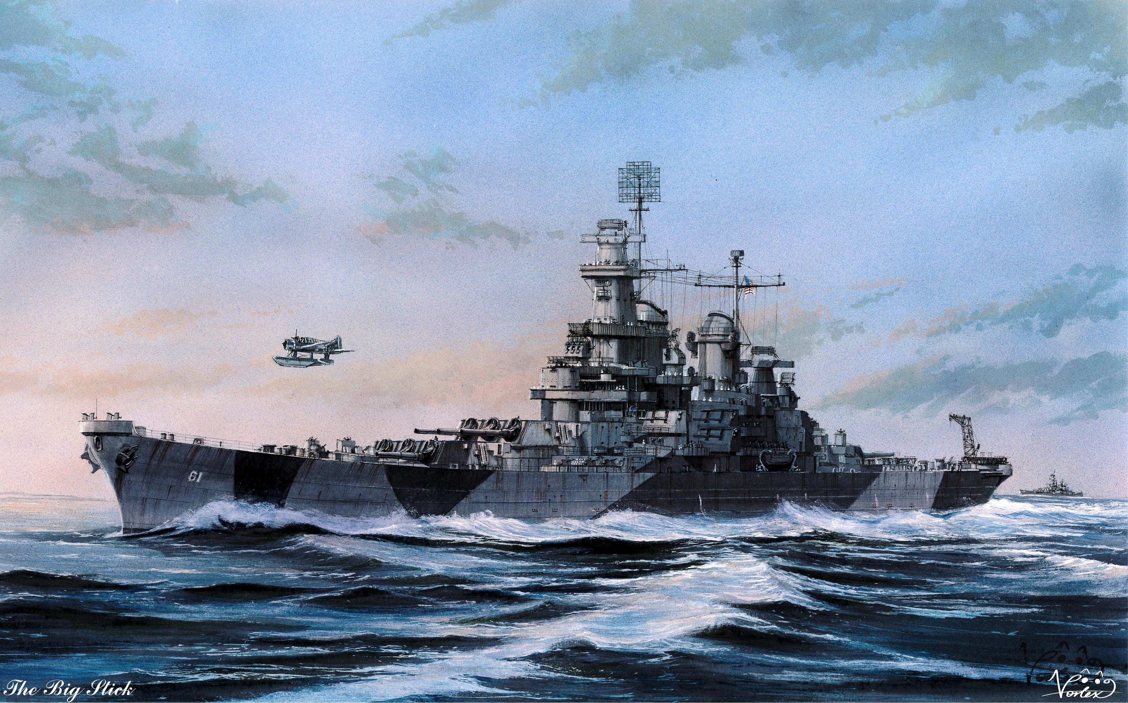 absurdres aircraft airplane american_flag anti-aircraft anti-aircraft_gun autocannon battleship bofors_40_mm_gun cannon crane_(machine) day floatplane highres military_vehicle ocean oerlikon_20mm_gun original outdoors radar seaplane ship ship_turret sky smokestack united_states_navy uss_iowa_(bb-61) vehicle_focus vortex_(xu_xuanwo) warship watercraft world_war_ii