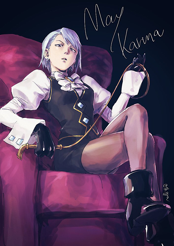 1girl ace_attorney armchair ascot black_background black_boots black_gloves black_skirt black_vest blue_eyes blue_hair boots breasts chair character_name commentary_request crossed_legs earrings franziska_von_karma gem gloves grey_pantyhose high_heel_boots high_heels holding holding_whip jewelry juliet_sleeves long_sleeves looking_at_viewer medium_breasts mole mole_under_eye on_chair pantyhose parted_lips pencil_skirt puffy_sleeves shirt short_hair sitting skirt solo taba_(tb_gya) vest whip white_shirt