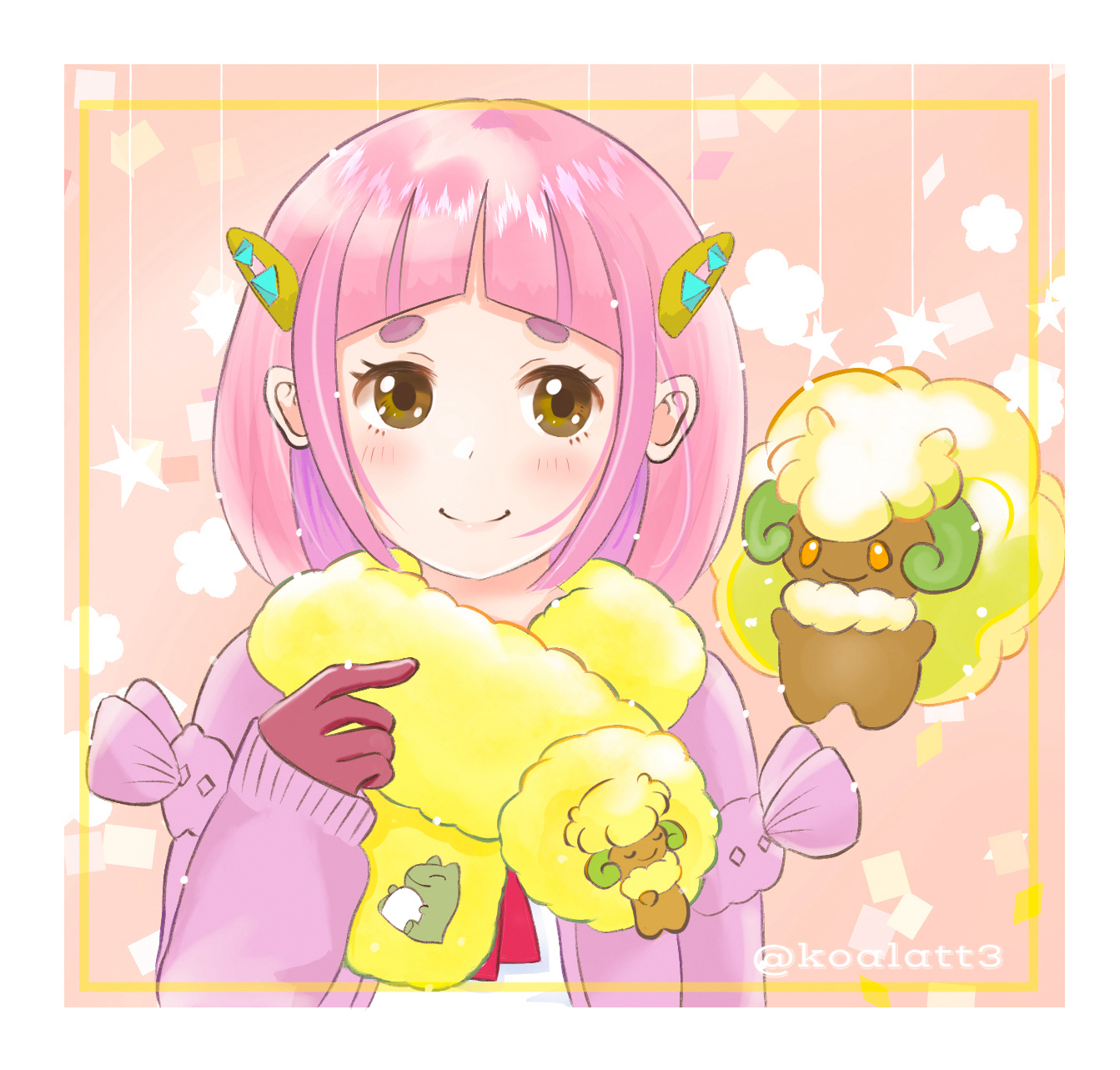 1girl blush border brown_eyes cardigan closed_mouth commentary_request eyelashes gen_5_pokemon gloves hair_ornament hairclip hand_up highres kopepa_(hol_11) lacey_(pokemon) long_sleeves medium_hair nintendo open_cardigan open_clothes pink_hair pokemon pokemon_(creature) pokemon_sv purple_cardigan scarf shirt sidelocks smile star_(symbol) themed_object whimsicott white_border white_shirt yellow_scarf