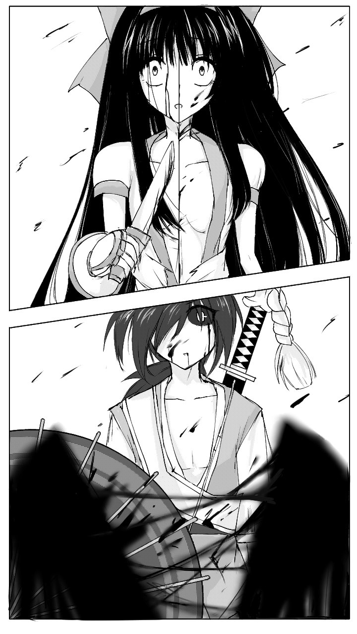 1boy 1girl 2koma ainu_clothes black_hair blood breasts cleavage comic constricted_pupils death gameplay_mechanics hair_over_one_eye hair_ribbon highres hisame_shizumaru japanese_clothes long_hair low_ponytail medium_breasts monochrome nakoruru open_mouth ponytail possessed possession ribbon samurai_spirits sliced snk surprised sword umbrella weapon wide-eyed