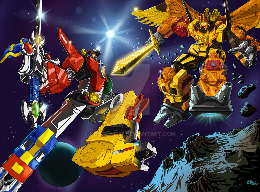 1980s_(style) battle blank_eyes clash commentary fighting flying glowing golion_(mecha) holding holding_sword holding_weapon hyakujuu-ou_golion khobra1981 mecha oldschool predaking_(transformers) retro_artstyle robot space super_robot sword transformers voltron voltron_(mecha) voltron_force watermark weapon web_address