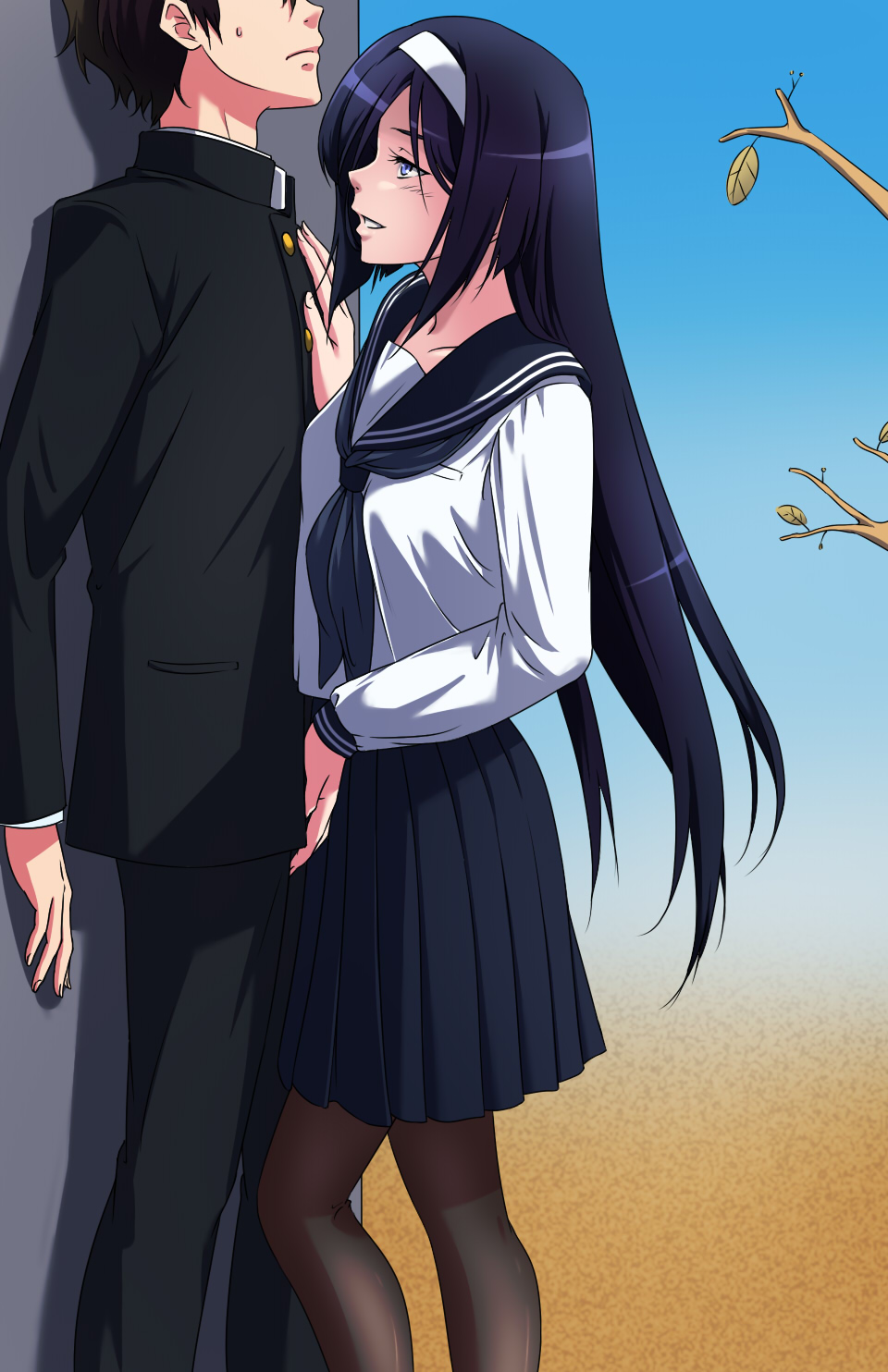 1boy 1girl against_wall black_hair blue_neckerchief blue_sailor_collar blue_skirt brown_pantyhose gakuran groping hairband highres hyouka irisu_fuyumi long_hair neckerchief oreki_houtarou pantyhose pleated_skirt purple_eyes sailor_collar sakuraba_tsukasa school_uniform serafuku shirt skirt white_hairband white_shirt